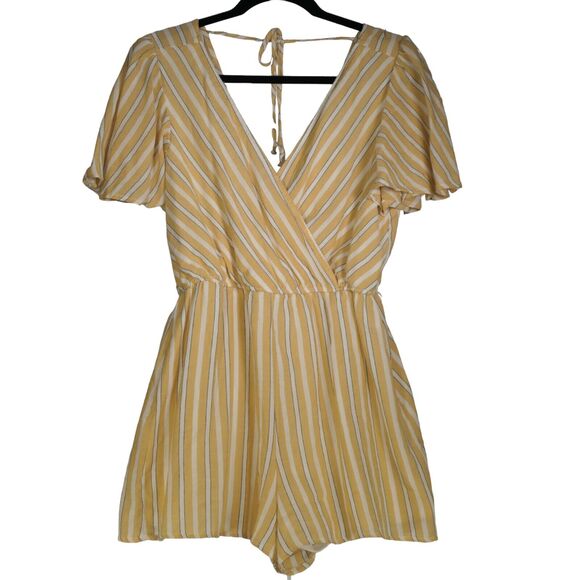 Rowa Yellow Striped Romper Womens Medium Deep Plunge V Neck Lined Cotton Blend - Picture 1 of 6